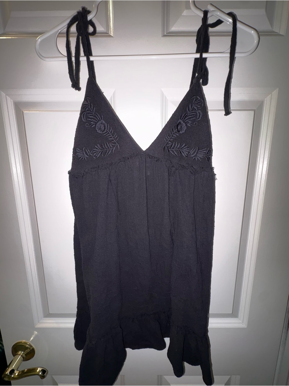 Black Embroidered V‑Neck Tie‑Strap Mini Dress